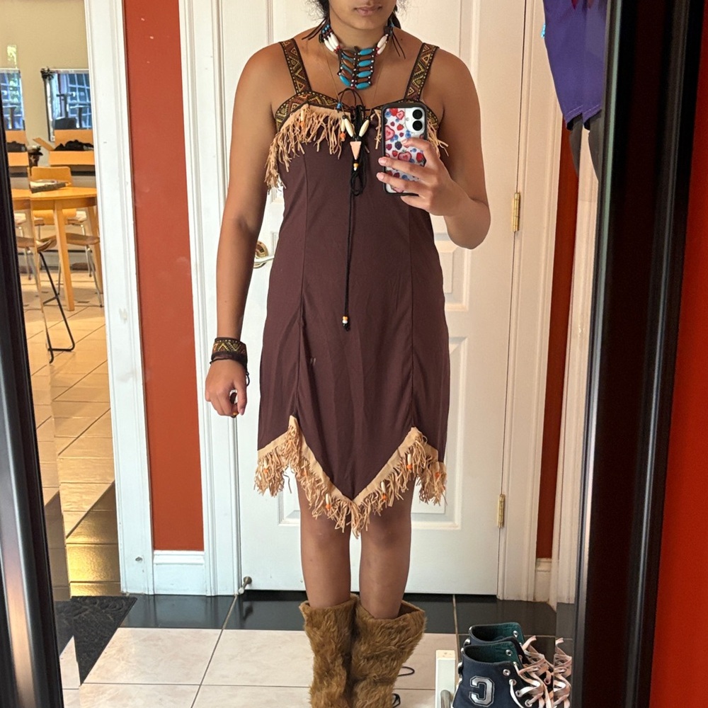 Native American Princess Junior Chic Brown Fringe Mini Dress